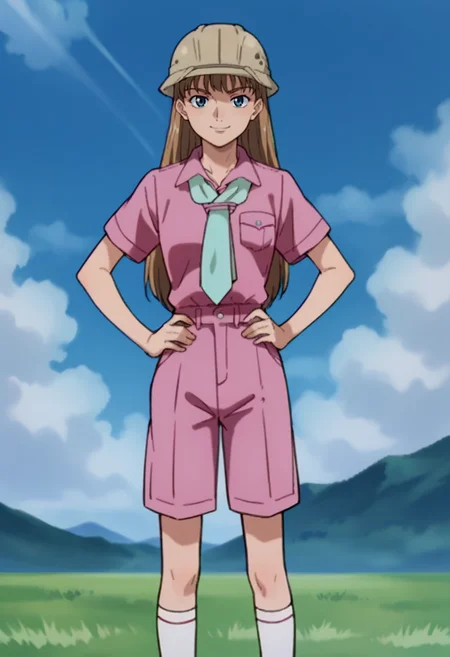 score_9,score_8_up,score_7_up,score_6_up,score_5_up,score_4_up,anime coloring BREAK source_anime,anime,<lora:Relena_Darlian_Gundam_Wing_Pony:0.8>,relena,1girl,solo,blue eyes,brown hair,long hair,safari helmet,pink shirt,pink shorts,scarf,socks,outdoors,sky,day,grass,smirk,hands on hips,standing,looking_at_viewer,