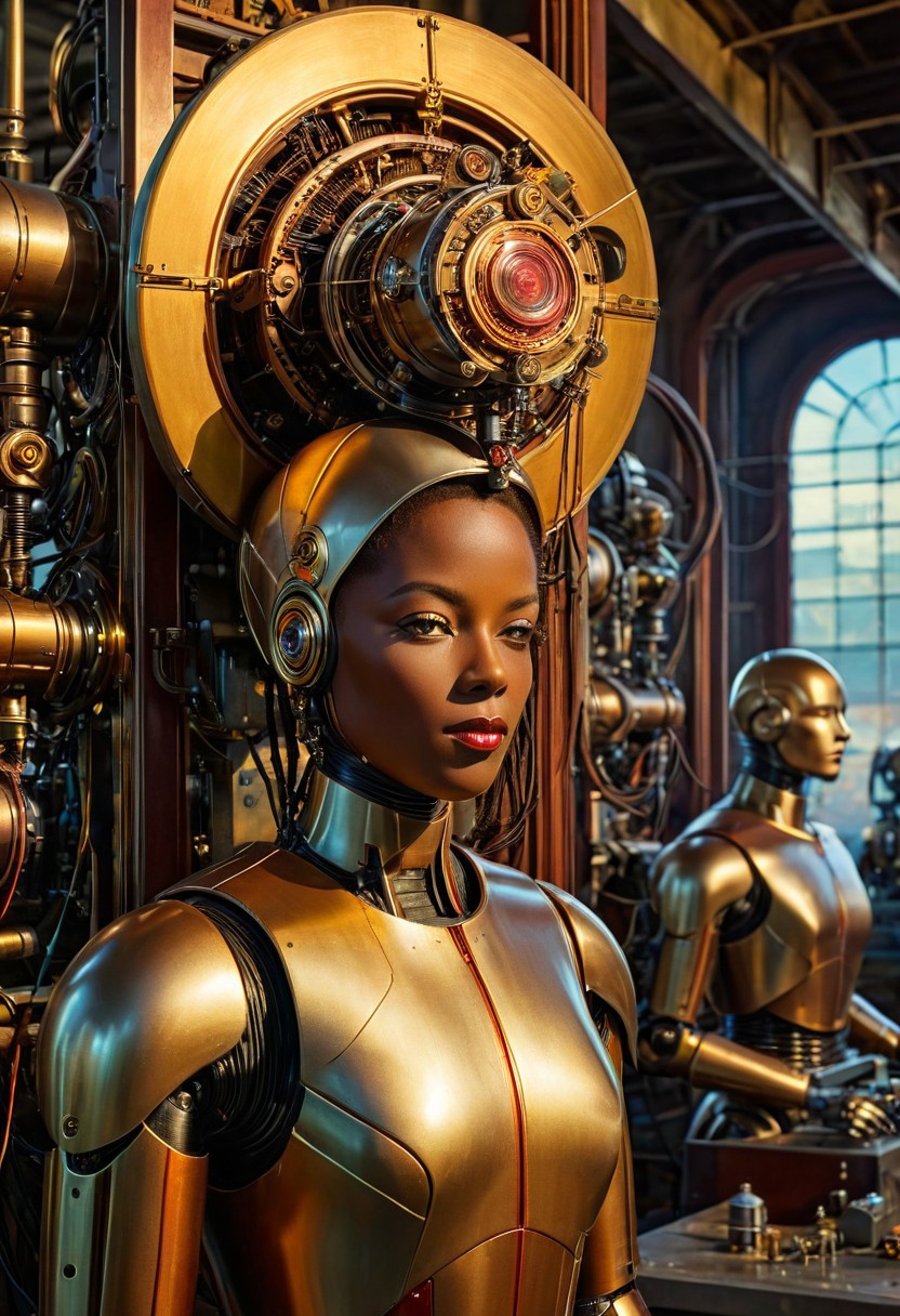 in the style of Style-Afro-Steampunk, award winning  robot woman automaton  hybrid human and machine, wire dreadlock hair, regal, temple guardian ,
backlighting, bloom, light sparkles, chromatic aberration, sharp focus,
robot, robotics, micronics, android, retro-futurist, automatic, assembly, factory