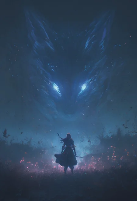 Bosstyle, Silhouette of a Woman fighting a giant DARK mononoke Monster Boss resembling a ethereal fox with seven tails: Capture the essence of nostalgia and color in this vintage photograph. Dominating the scene is a meticulously detailed, translucent dark-red Blood filled firefox, adorned with vibrant patterns, blending seamlessly with its surroundings. Its long tail, composed of intricately woven ribbons in a spectrum of colors, trails behind, adding to the spectacle of the moment. Amidst the quietude of the night, its presence exudes a sense of ancestral strength and resilience. Behind it, the low-toned hues of the Milky Way cast a mesmerizing backdrop, a cosmic tapestry weaving tales of both past and future. In this moment, the convergence of tradition and technology, of ancient wisdom and industrial progress, hangs palpably in the air., atmospheric haze, Film grain, cinematic film still, shallow depth of field, highly detailed, high budget, cinemascope, moody, epic, OverallDetail, 2000s vintage RAW photo, photorealistic, candid camera, color graded cinematic, eye catchlights, atmospheric lighting, imperfections, natural, shallow dof