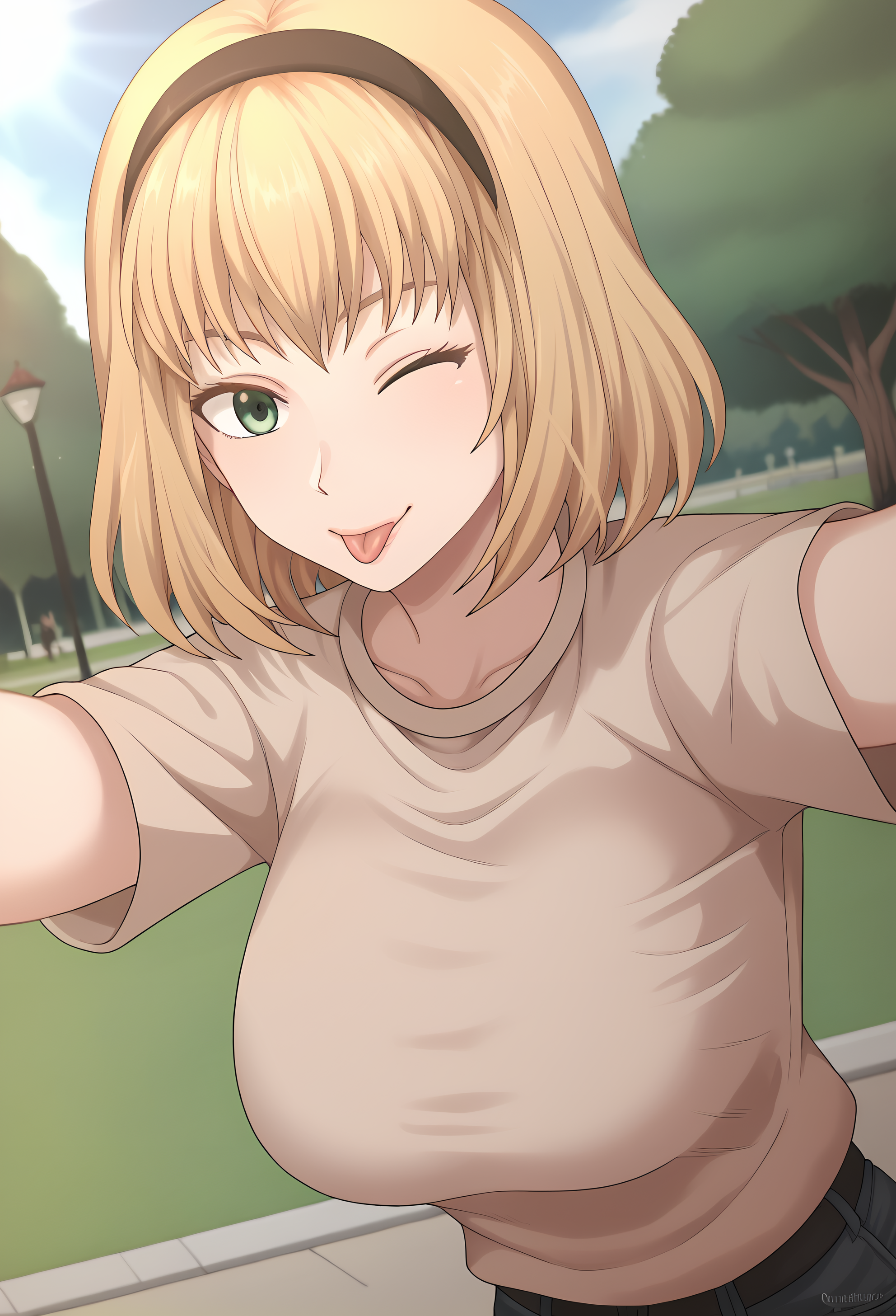 score_9,outdoors,park,BREAK <lora:kaya-v3-pdxl-000011:1> girlkaya, blonde hair, green eyes,medium hair,large breasts,hairband,tongue,light smile,one eye closed, selfie,