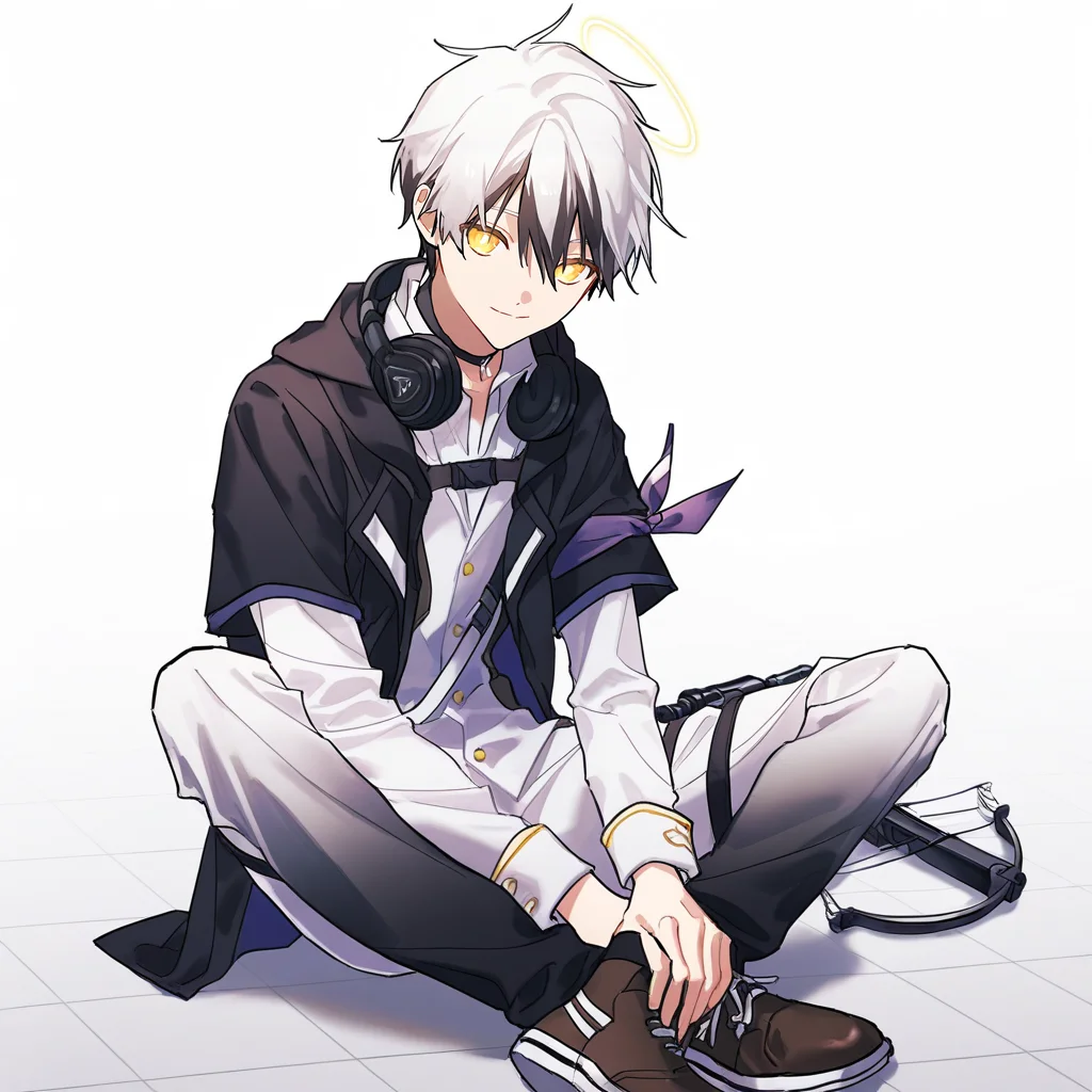 1boy, solo, adnachiel \(arknights\), solo, adnachiel, tilted halo, yellow eyes, bright pupils, short hair, white hair, streaked hair, black hair, (krenz, quuni, yoneyama mai, mebaru:1.2), depth of field, tile floor, sitting on floor, butterfly sitting, hands on feet, looking at viewer, weapon on floor, crossbow, bowgun, light smile, short over long sleeves, white shirt, white gakuran, white sleeves, sleeve cuffs, headphone around neck, black headphones, choker, black jacket, short-sleeved jacket, open jacket, two-tone pants, black pants, white pants, thigh strap, thigh pouch, bandana around arm, purple bandana, brown boots, white shoe soles, perfect eyes, perfect face, masterpiece, best quality, newest, absurdres, highres,   <lora:Adnachielå®å¾·åå°5 lora.TA_trained:0.8>, <lora:add-detail-xl:2>, <lora:ChamIllustriousBackgroundEnhancer:0.8>,