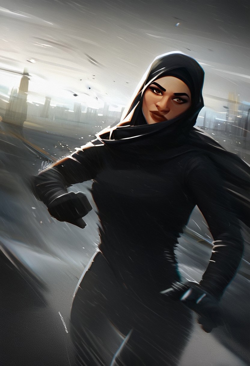 score_9, score_8_up, score_7_up, score_6_up, score_5_up, score_4_up, BREAK ,1girl,solo,digital painting, cowboy shot, dynamic angle, dynamic pose, woman running super fast, hijab, speed lines, motion trail, streaks of light, looking at viewer, city street, brown eyes, noir, black background, high contrast, shadows, charcoal sketch