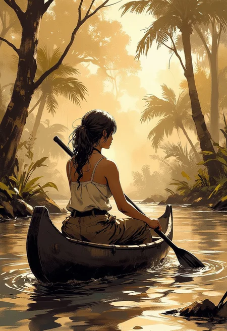 Special Ink-drawing mode, intricate linework with expressive contrasts, Mh1$AgThS2, Inkplash art on rice paper, sepia, henna , Silhouette Art, magnificent, inksplash image of stunning japanese woman, jungle explorer, khaki camisole, cargo pants, sitting in a wooden canoe, paddling up a large river through rainforest jungle, dappled sunlight