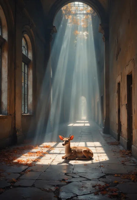 an long and deep corridor in a baroque palace, with glass windows to the left and a barren wall to the right. the room is very long, the door at the far end is barely visible. the ceiling is very high, hidden behind deep shadows. from the windows atmospheric lighting shines on the floor. the air is slightly dusty, enhancing the the atmospheric play of light. on one of the illuminated spots, a fawn, snuggled up and sleeping peacefully. autumn leaves lying on the ground, adding a sense of mysteriousness. the wall on the right is continuous, featuring only large cracks and crumbling mortar. the scene overall is of natural earthen colors and a strong focus on atmospheric lighting and serene, melancholic mood. ArsMJStyle, impressionism