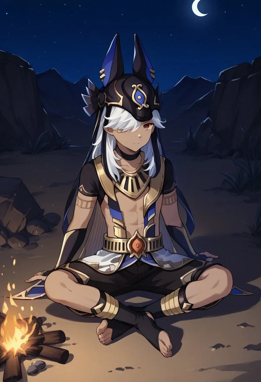 score_9, score_8_up, score_7_up, source_anime, highly detailed,
cyno, 1boy, male focus, solo, dark-skinned male, dark skin, white hair, hair over one eye, long hair, red eyes, egyptian clothes, hat, animal hat, jackal ears, black headwear, jewelry, usekh collar, gold trim, chocker, black chocker, tattoo, arm tattoo, crop top, shirt, black shirt, short sleeves, bridal gauntlets, belt, shorts, black shorts, toeless legwear,
outdoor, desert, rocks, sitting, on ground, night, moon, campfire,