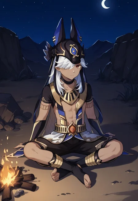 score_9, score_8_up, score_7_up, source_anime, highly detailed,
cyno, 1boy, male focus, solo, dark-skinned male, dark skin, white hair, hair over one eye, long hair, red eyes, egyptian clothes, hat, animal hat, jackal ears, black headwear, jewelry, usekh collar, gold trim, chocker, black chocker, tattoo, arm tattoo, crop top, shirt, black shirt, short sleeves, bridal gauntlets, belt, shorts, black shorts, toeless legwear,
outdoor, desert, rocks, sitting, on ground, night, moon, campfire,