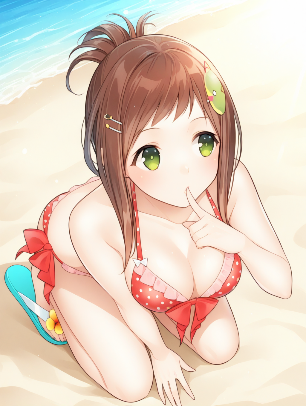 perfect quality,best quality,absolutely eye-catching,ambient occlusion,raytracing BREAK
1girl,<lora:sofia natu IL v1.1:1>,natu,polka dot bikini,ribbon,hair ornament,sandals,solo,ocean,beach,green eyes,updo,, from above, looking away,macro_shot,bent_over,finger_to_mouth,caramelldansen,kneeling,