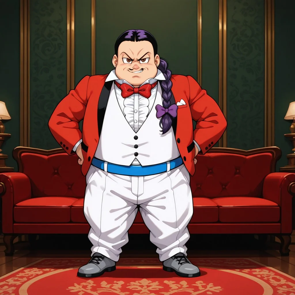 masterpiece, best quality, amazing quality, lordjag, 1boy, male, solo, human, black hair, long hair, braided ponytail, brown eyes, mustache, short, fat, red suit jacket, white vest, buttons, red bowtie, blue belt, white baggy pants, grey shoes, purple hair bow, ear piercings, standing, smirk, hands on hips, indoors, living room