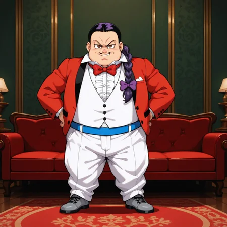 masterpiece, best quality, amazing quality, lordjag, 1boy, male, solo, human, black hair, long hair, braided ponytail, brown eyes, mustache, short, fat, red suit jacket, white vest, buttons, red bowtie, blue belt, white baggy pants, grey shoes, purple hair bow, ear piercings, standing, smirk, hands on hips, indoors, living room