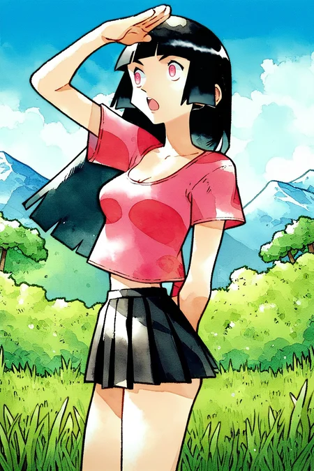 score_9, score_8_up, score_7_up, score_6_up, score_5_up, score_4_up, ken sugimori,watercolor \(medium\), outdoors, grass, tree,blue sky,plateau,mountain,1girl,solo,cowboy shot, black hair, long hair, blunt bangs,pink eyes, pink t-shirt, crop top, black pleated skirt,cleavage,medium breasts,looking afar, looking to the side,shading eyes,salute,:o, open mouth, surprised,thighs, arm behind back,short sleeves, arm up,(covering own eyes:0.8),black skirt,(from side:0.9), <lora:KenSugimoriPony:1>