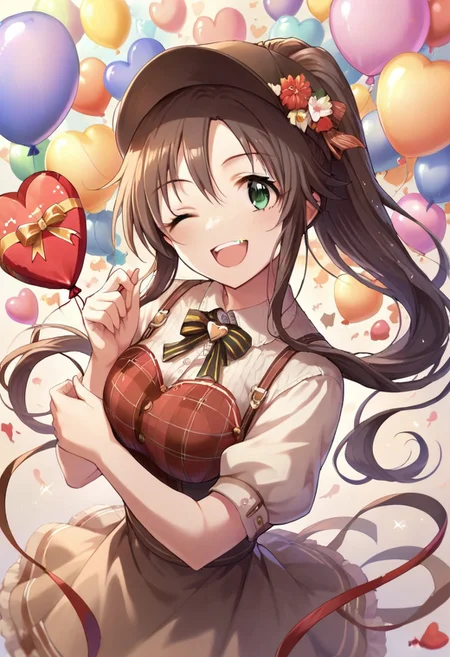 score_9, score_8_up, score_7_up, source_anime,himekawa yuki, long hair, brown hair, green eyes, 1girl, one eye closed, hat, solo, ponytail, balloon, smile, open mouth, valentine, looking at viewer