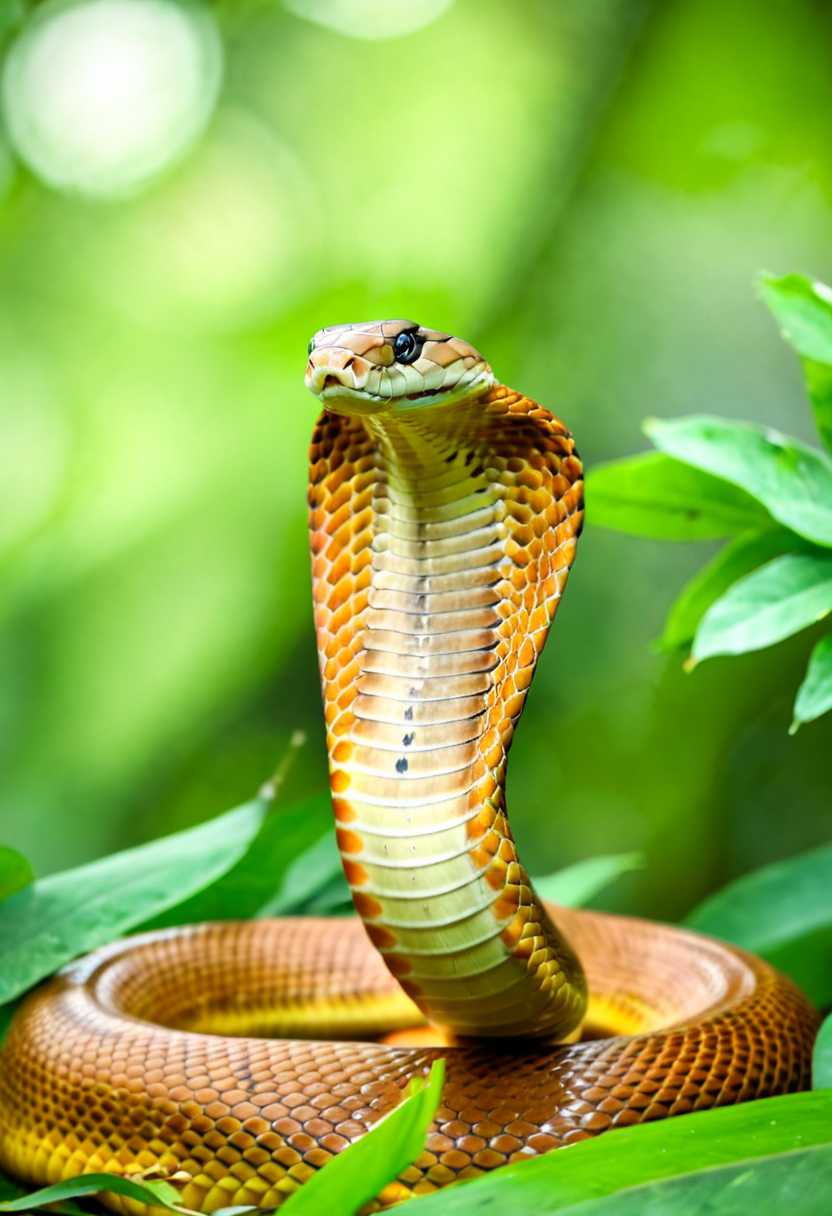 photograph of  orange snake. cobra \(animal\),  green background,  green trees, depth of field, close-up, 
 <lora:snake_v1:1>