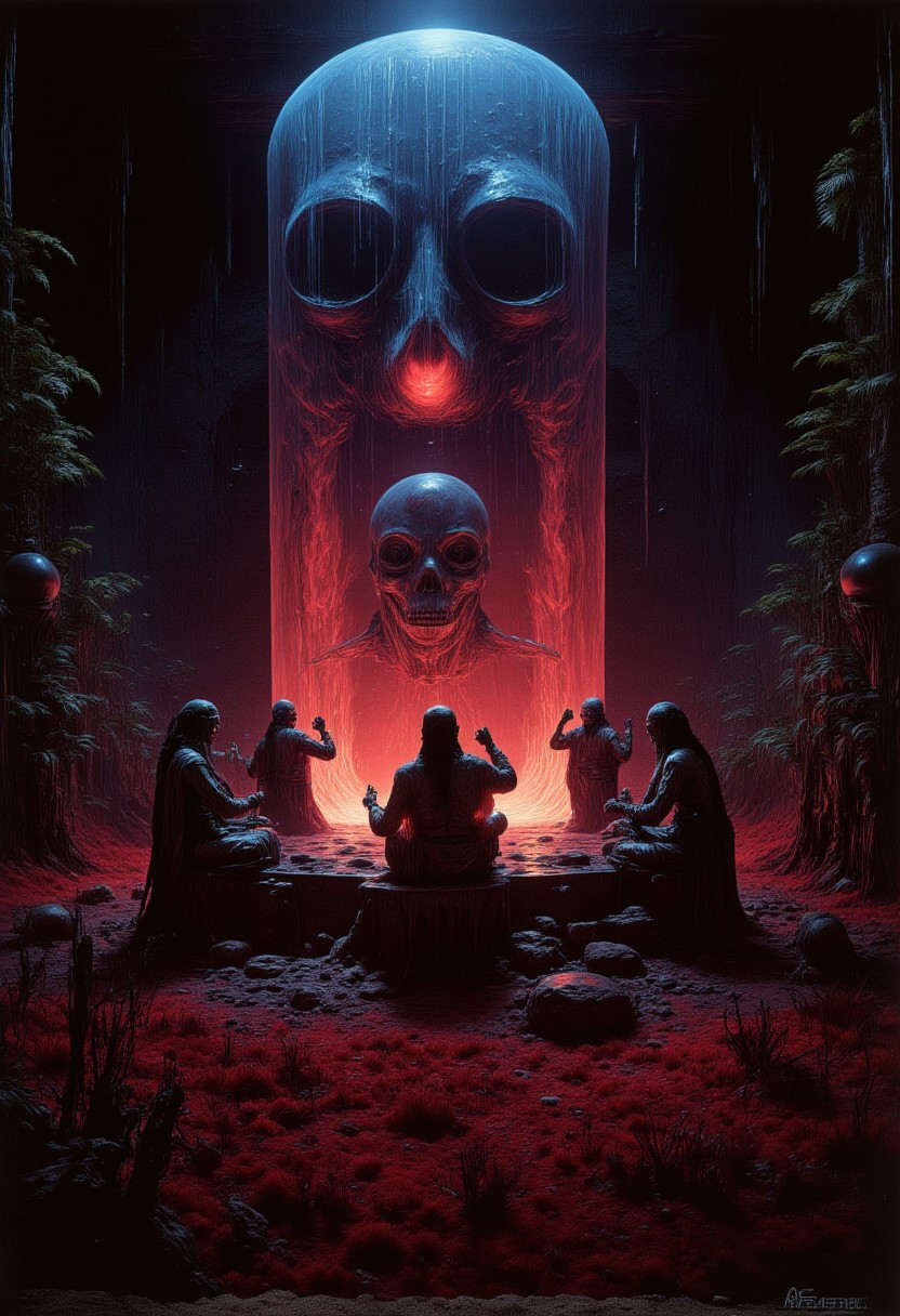 abstract photorealistic ink image in red, black and blue, 
A haunted séance taking place in the heart of the Crystal Marsh, where glowing crystals and bioluminescent plants light the foggy air. A group of witches sit in a circle, their hands raised as they summon the spirits of the dead. Spectral apparitions rise from the marsh's black waters, their forms shimmering with eerie light as they whisper long-forgotten secrets to the witches., 
In the style of grainy 80s VHS dark fantasy horror, vintage Halloween, autumn harvest tones, occult mysticism, gritty animatronics, with Sean Äaberg's psychedelic grotesque flair, evoking eerie, grainy VHS footage