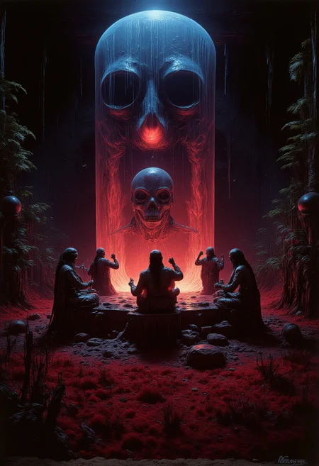 abstract photorealistic ink image in red, black and blue,
A haunted séance taking place in the heart of the Crystal Marsh, where glowing crystals and bioluminescent plants light the foggy air. A group of witches sit in a circle, their hands raised as they summon the spirits of the dead. Spectral apparitions rise from the marsh's black waters, their forms shimmering with eerie light as they whisper long-forgotten secrets to the witches.,
In the style of grainy 80s VHS dark fantasy horror, vintage Halloween, autumn harvest tones, occult mysticism, gritty animatronics, with Sean Äaberg's psychedelic grotesque flair, evoking eerie, grainy VHS footage