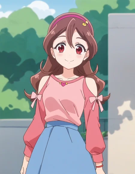 score_9, score_8_up, score_7_up, anime screencap, solo,1girl, sakurauta, smile, blue skirt, hairband, looking at viewer,long sleeves, heart, shoulder cutout, pink shirt,cowboy shot,medium breasts<lora:sakurauta_pony:0.8>