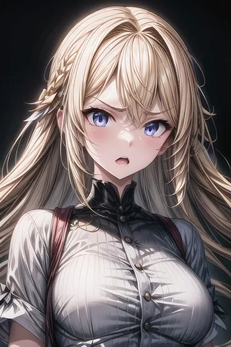 (masterpiece),
Luna,
1girl, blonde, floating hair,
white shirt,
upper body shot,
HDR, highly detailed, 32k,
black background, anger mood,
perfect face feature,