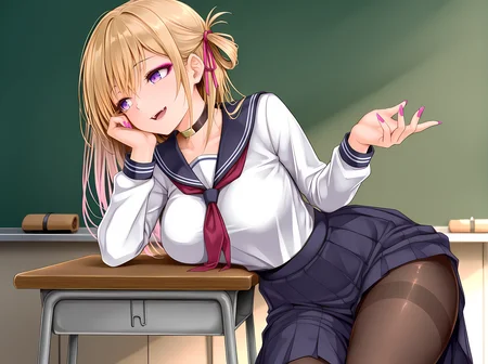 1girl,solo,cless,73tunnel,large breasts,portrait,smile,cowboy shot,open mouth,detailed background,<lora:Cless_Illustrious:0.8>,schoolgirl,school uniform,miniskirt,serafuku,hair ribbon,nail polish,thighband pantyhose,long sleeves,large breasts,long skirt,gyaru,makeup,looking at hand,sitting,on desk,classroom,feet on table,, masterpiece, best quality, amazing quality, very aesthetic, absurd, newest, detailed eyes