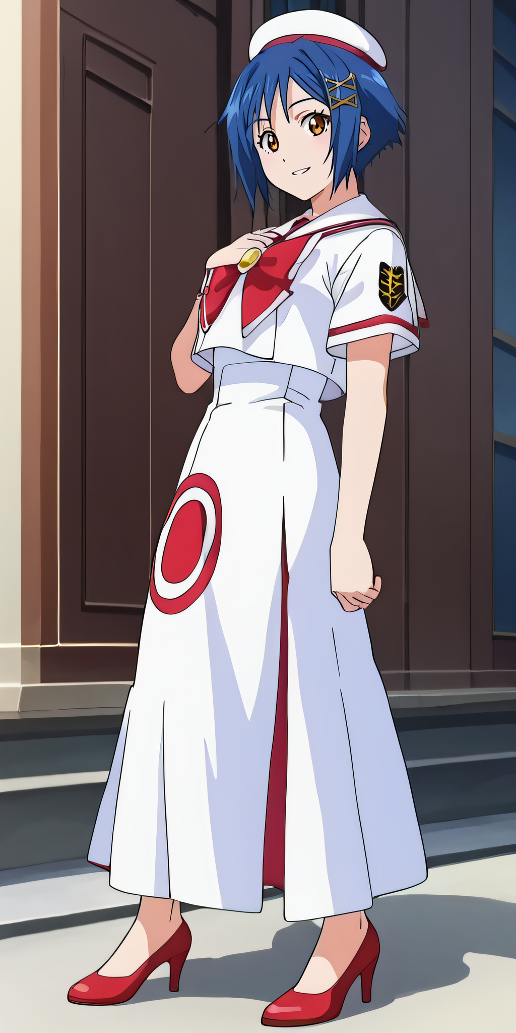 score_9, score_8_up, score_7_up, source_anime, rating_safe, intricate details, anime screencap, official style, 1girl, <lora:Granzchesta_Aika:1>, aika, blue hair, short hair, hair ornament, brown eyes, aria company uniform, white beret, blouse, red bowtie, brooch, white sailor collar, short sleeves, long dress, dress, side slit, print dress, red high heels, looking at viewer, outdoor, smile, full body, hand on chest, parted lips, from side