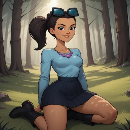 score_9, score_8, BREAK, solo, cyan long sleeves, 1girl, skirt, boots, dark brown hair, ponytail, eyewear on head, purple necklace, dark skin, black eyes, lips, breasts, total drama, Jen_(Total_Drama), tdtrr, sexy pose, smile, outdoors, sunlight, shadows, evening lighting, natural lighting, forest, trees, grass, orange sky, sunset