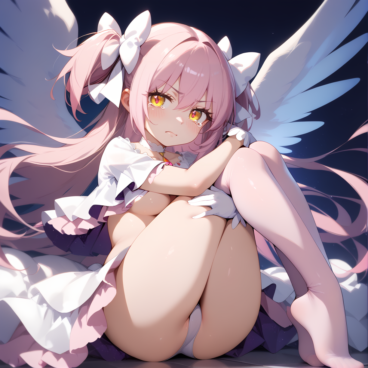 (score_9,score_8_up,score_7_up) BREAK uncensored BREAK 1girl,solo,(medium breasts:1.4),
disgust,scowl,closed mouth,tears,
BREAK
BREAK feet,(foot_focus:1.3),
BREAK
BREAK
BREAK
BREAK
BREAK (hugging own legs:1.6),angel wings,
BREAK <lora:madoka_god>,
(ultimate madoka,kaname madoka,long hair,pink hair,very long hair,bangs,hair between eyes,two side up,white bow,yellow eyes),(choker,white choker,gloves,white gloves,underboob,underwear,clothing cutout,cleavage cutout,covered navel,wide sleeves,frills,dress,white dress,frilled dress),pink thighhighs,univers,