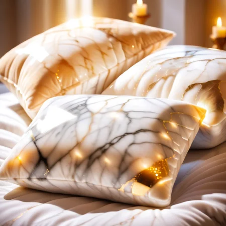 wholesome photo of comfortable and fluffy pillows made out of Jed-mrbl on a bed of gold, lightrays, godrays, lens flares, bokeh,