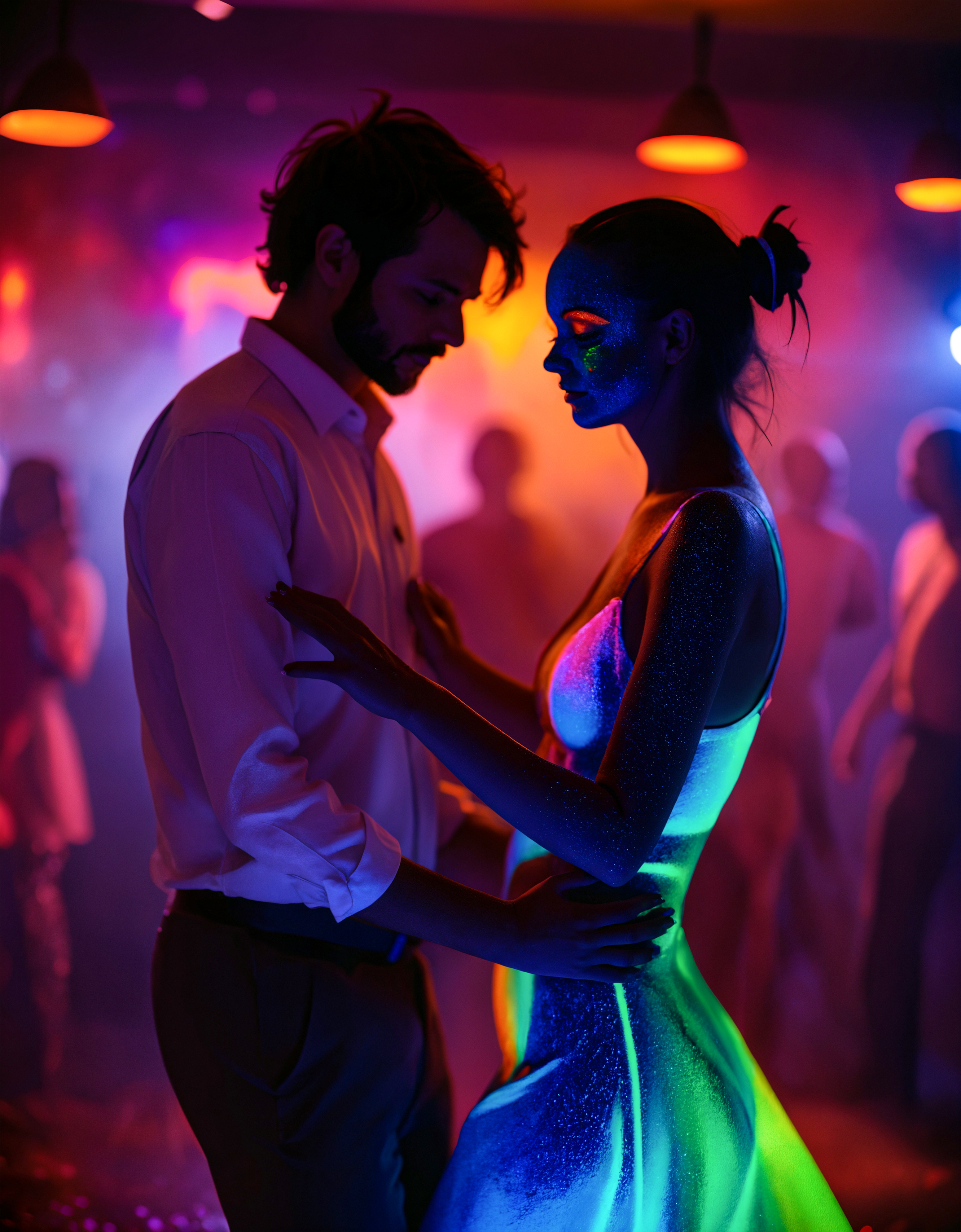 zavy-flrscnc, rainbow fluorescent, blue glowing dust, blue fluorescent dust, rainbow fluorescent spraypaint, fluorescent grain, dust, cinematic film still of a couple ravers dancing in a nightclub, dress, 100mm f/2.8 macro lens,