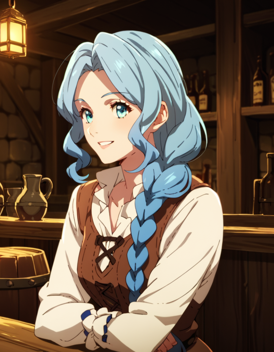 score_9, score_8_up, score_7_up, score_6_up, score_5_up, score_4_up, source_anime,  Therese, blue hair, single braid,  portrait, sitting, tavern, smile