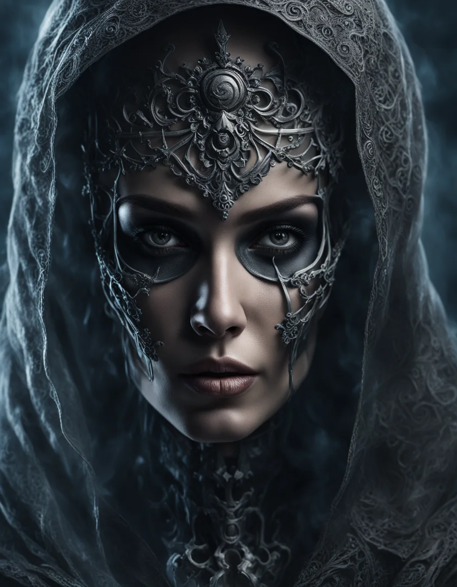 photo realistic, ultra details, natural light ultra detailed portrait of a female necromancer, skeleton face volumetric fog, Hyperrealism, breathtaking, ultra realistic, ultra detailed, cyber background, cinematic lighting, highly detailed, breathtaking, photography, stunning environment, wide-angle