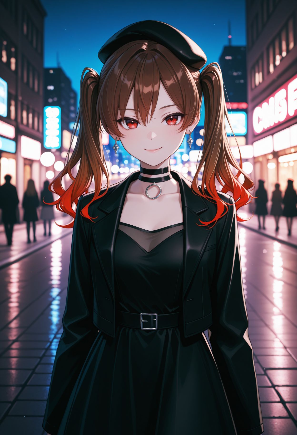 masterpiece,best quality,absurdres,highres,very aesthetic,high quality,detailed,insanely detailed,beautiful,perfect lighting, ,depth of field,blurry background,bokeh, looking at viewer
 <lora:Ootsuki Yoyoko illu:1> 1girl, twintails, multicolored hair, gradient hair, brown hair, red hair, black headwear, beret, black choker, long sleeves, black dress,, open jacket, jewelry, earrings, black jacket
looking at viewer, outdoors, night, city, street, smile,