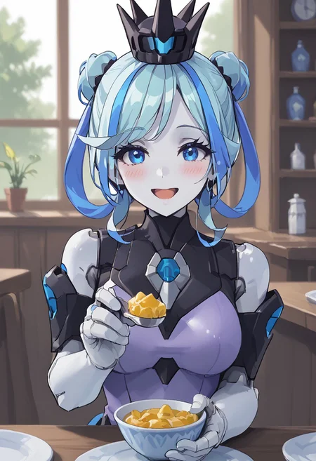 score_4,score_5,score_6,score_7_up,score_8_up,score_9 ((masterpiece,best quality,ultra detailed,highres,HD,4k:1.2)),
1girl, solo,solo focus,girl focus,face focus,
robot joints,colored skin,
blue hair,two-tone hair,multicolored hair,streaked hair,single hair bun,crown,blue eyes,large breasts,
Apron, sleeveless, exposed arms, exposed shoulders,, frilly aprons,
upper body,
pov,feeding,looking at viewer,feeding, food,incoming food,holding spoon,
looking at viewer,blush,shy,smile,,open mouth,