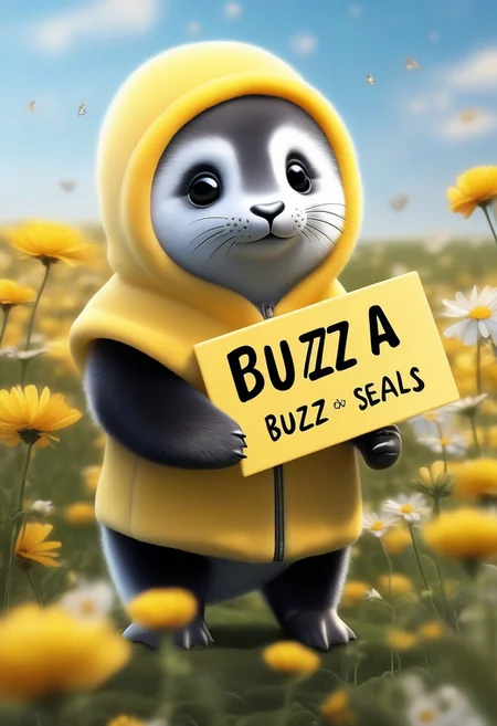 full body view, Realistic photograph of a cute baby seal wearing a fuzzy-bumblebee costume with wings, covered in honey, in a field of flowers, (holding sign with text:"buzz 4 seals":1.4 ), (holding sign that reads "buzz 4 seals" ), charming character illustrations, cute comic, <lora:text2:1.25> ,