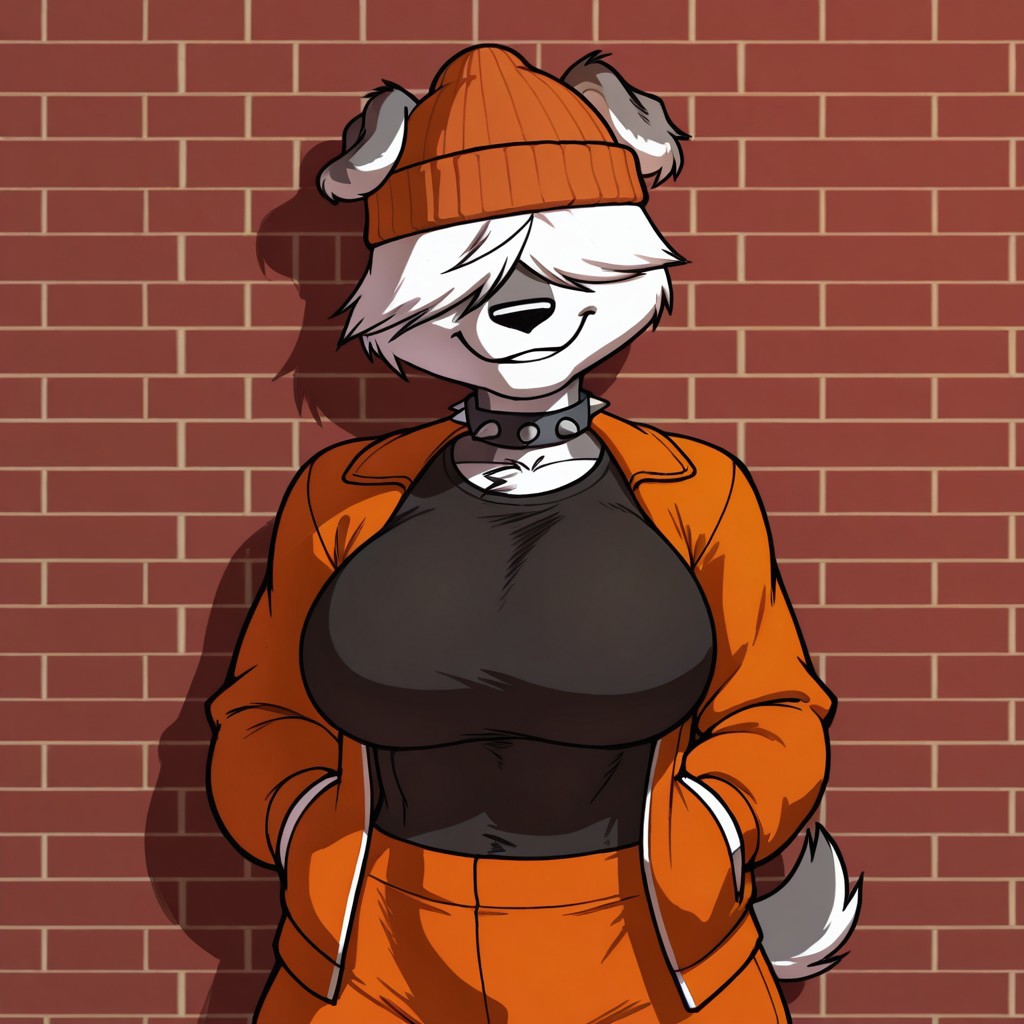 masterpiece, best quality, highly detailed, realistic, 1girl, solo, ShawnaCC, furry, anthro, canine, dog girl, hair over eyes, white hair, short hair, black nose, white body, white fur, gray body, gray fur, two tone body, two tone fur, short tail, big breasts, upper body, (orange jacket, open jacket, black shirt, orange pants, spiked collar, orange beanie), closed mouth, teeth, smirk, red brick wall, grin, looking at viewer, standing, front view, simple background, arrusa, (hands in pocket)