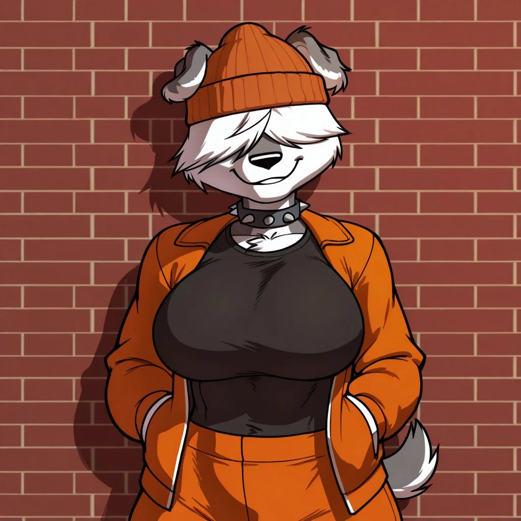 masterpiece, best quality, highly detailed, realistic, 1girl, solo, ShawnaCC, furry, anthro, canine, dog girl, hair over eyes, white hair, short hair, black nose, white body, white fur, gray body, gray fur, two tone body, two tone fur, short tail, big breasts, upper body, (orange jacket, open jacket, black shirt, orange pants, spiked collar, orange beanie), closed mouth, teeth, smirk, red brick wall, grin, looking at viewer, standing, front view, simple background, arrusa, (hands in pocket)