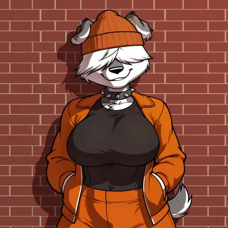 masterpiece, best quality, highly detailed, realistic, 1girl, solo, ShawnaCC, furry, anthro, canine, dog girl, hair over eyes, white hair, short hair, black nose, white body, white fur, gray body, gray fur, two tone body, two tone fur, short tail, big breasts, upper body, (orange jacket, open jacket, black shirt, orange pants, spiked collar, orange beanie), closed mouth, teeth, smirk, red brick wall, grin, looking at viewer, standing, front view, simple background, arrusa, (hands in pocket)