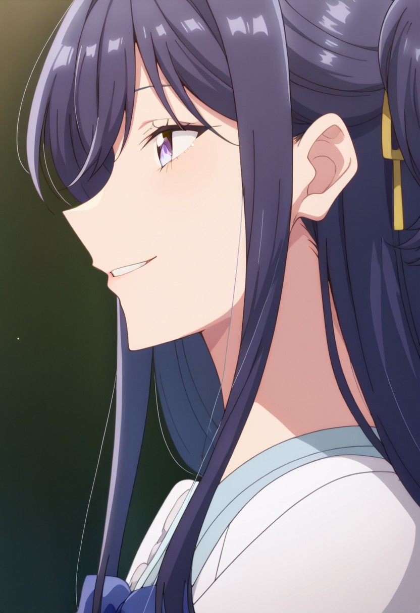 score_9, score_8, score_7, source_anime, izumi shiho, close-up, from side, frills, puffy short sleeves, side ponytail, profile, half updo, parted lips, ribbon, smile