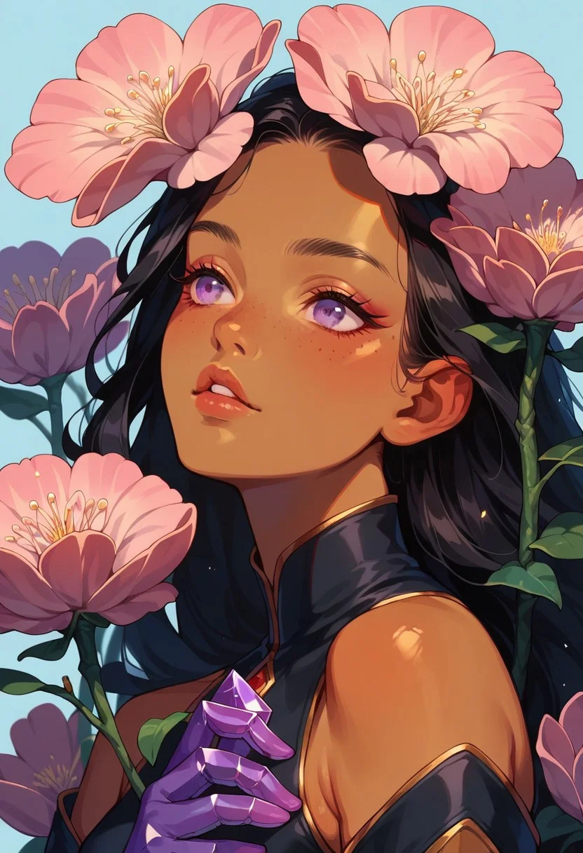 <lora:gr33nXLP:1>, score_9, score_8_up, score_7_up, score_6_up, gr33n, plant, flower, 1girl, olive skin, older, long hair, black hair, black Indian clothing, detached sleeves, fine fabric emphasis, black hair, purple eyes, lips, makeup, crystal gloves