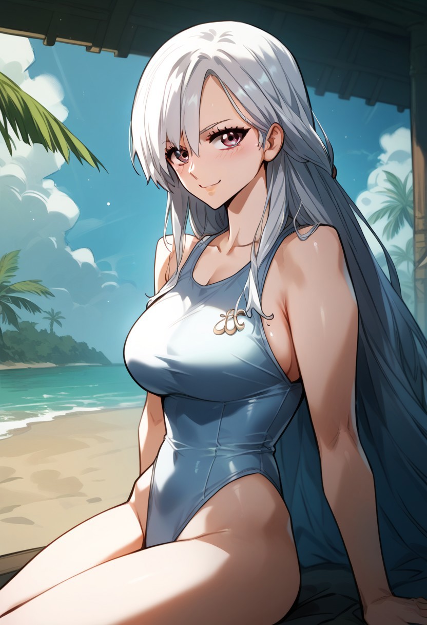zPDXL3, score_9_up, score_8_up, score_7_up, (Anime_source), 1girl, WhiteCrane, radiant eyes, white hair, long hair, cowboy shot, looking at viewer, smile, from side, palm trees, light blush, sitting on sand (one piece swimsuit), blue theme