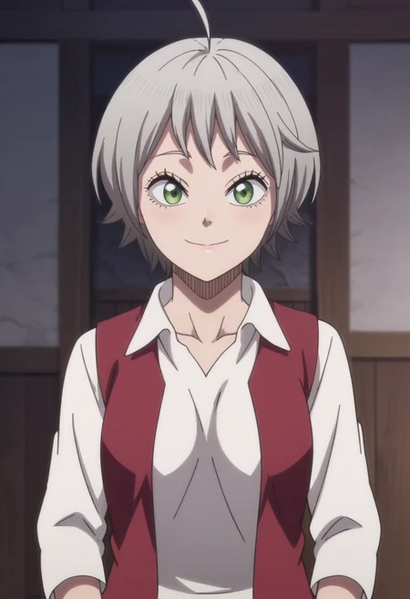 source_anime,anime screencap, anime coloring,intricate details,rating_explicit, masterpiece, best quality,
(best quality, absurd res, ultra detailed),,(4 finger:0.5),1girl, ((solo)), good eyes,perfect eyes,,detailed eyes, zPDXLxxx , zPDXL3,detailed, detailed face
BREAK
solo,indoors,standing,front view,upper body,
richita, 1girl, green eyes, short hair, ahoge, grey hair, white shirt, red vest, 
smile,
, <lora:add-detail-xl:2>  <lora:Richita:0.8>