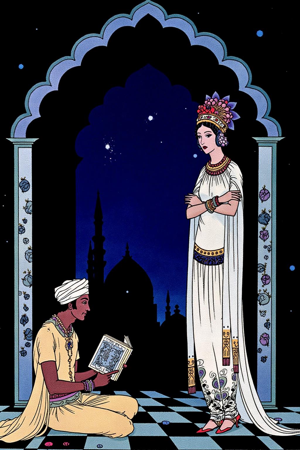 sterrett1 color illustration.
A scene set in a Middle Eastern palace, inspired by Arabian Nights.
On the left is a man with dark skin, shown in side profile. He is wearing a turban and sitting on the floor, reading a large book.
On the right stands a queen dressed in a flowing, ornate outfit with intricate patterns and a flowing white robe with gold accents. She is adorned with a headpiece featuring a large, colorful flower.
 <lora:sterrett1_cap_d6a3e8:1.0><lora:837016141894372948:0>