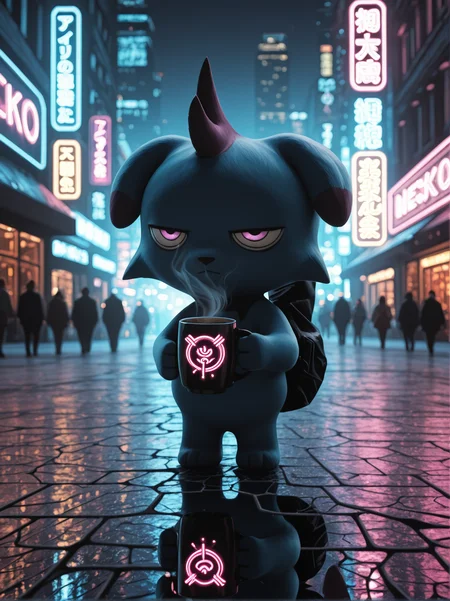 <lora:Depresso_IL:1> depresso, time travel, holding coffee,, hdr, 8k, absurdres, shiny, outdoors, reflection, blurry, blurry background, tokyo lights,tokyo street, neon lights, cyberpunk, high-contrast lighting, intricate details, vibrant colors, reflective surfaces, futuristic urban environment, glowing neon signs, cybernetic enhancements, punk aesthetic, dynamic pose, dynamic composition, depth of field, dark_theme, detailed backgroud, foreshortening, blurry edges, vignetting,,, BREAK [highres, hi res, newest, latest, masterpiece, best quality:0.15]