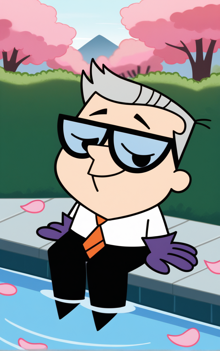 score_9, score_8_up, score_7_up, looking at viewer,  BREAK
PONYXL_STYLE_DextersLaboratory_ownwaifu,
1boy, male focus, parody, short hair, glasses, shirt, white shirt, purple gloves, pants, collared shirt, necktie, chibi,
(sitting, soaking feet, arms behind head), onsen, mount fuji, cherry blossoms, falling petals, spring_(season), outdoors,<lora:PONYXL_STYLE_DextersLaboratory_ownwaifu:0.7>, depth of field, solo,