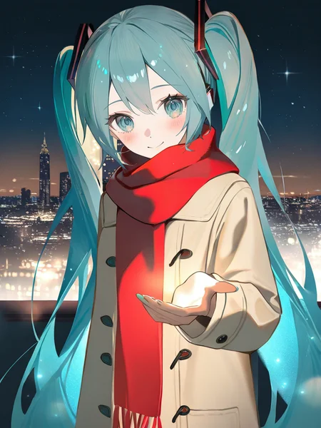 1girl,,solo,hatsune miku,night_sky,looking_at_viewer,night,star_(sky),light_blush,shy,standing,reaching_out,beckoning,outdoors,upper body,smile,coat,red scarf,gradient_background,cityscape,city_lights,<lora:fanggeCL-000024>, masterpiece, best quality, very aesthetic, absurdres