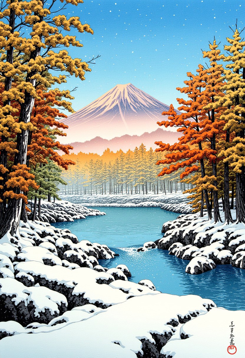 A scene set in winter where the leaves are turning yellow and orange.Snow falling gentle upon the ground. As a river stretches between the trees.and the sun has gone down in the distance, Mount Fuji on the horizon,by Hasui Kawase, Hkawa