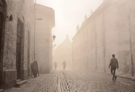 lith_agfabrovira_BS111, a foggy street somewhere in europe, hard shadow