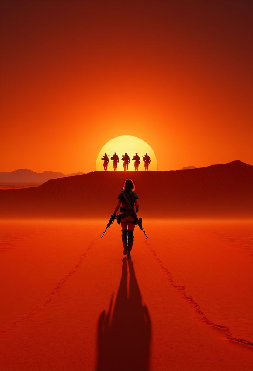 ispzxll, diorama, isometric, miniature, volumetric lighting style, intricate details, desolate city screen, dusty sky, iconic shot, isolated, lonely, orange sky, red dirt, walking away, golden hour, epic, setting sun on horizon, film scene, three slim female figure silhouettes, badass women, carrying rifles