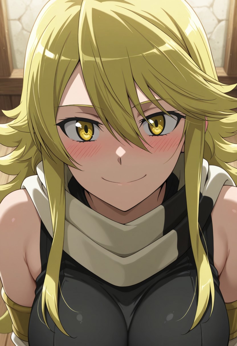 masterpiece,best quality,amazing quality, leone (akame ga kill!), long hair, blonde hair, yellow eyes, solo, 1girl, scarf, smile, looking at viewer, sidelocks, blush, striped scarf