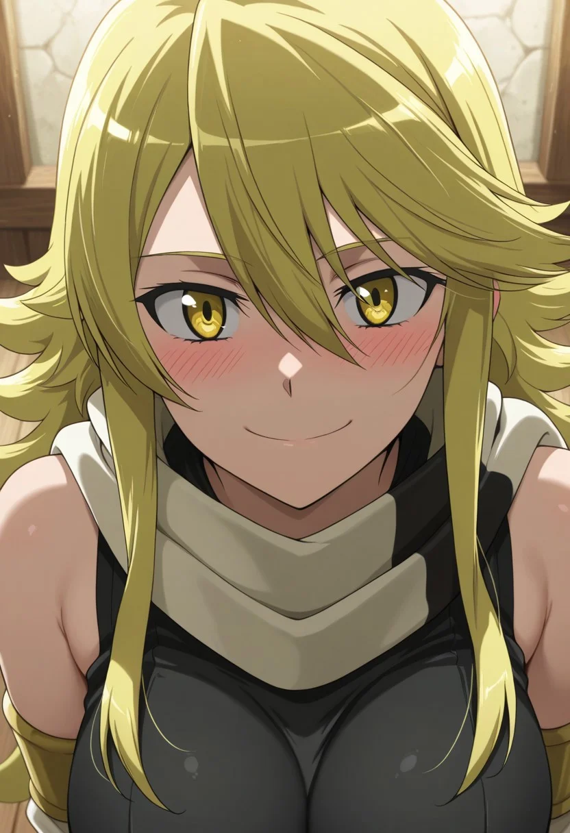 masterpiece,best quality,amazing quality, leone (akame ga kill!), long hair, blonde hair, yellow eyes, solo, 1girl, scarf, smile, looking at viewer, sidelocks, blush, striped scarf