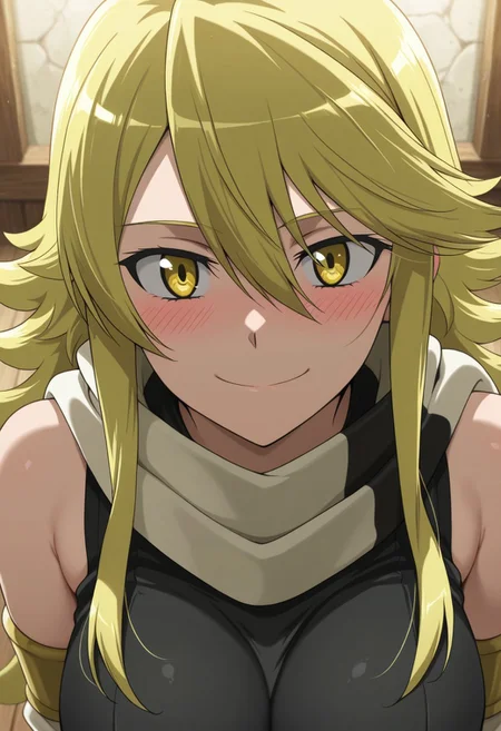 masterpiece,best quality,amazing quality, leone (akame ga kill!), long hair, blonde hair, yellow eyes, solo, 1girl, scarf, smile, looking at viewer, sidelocks, blush, striped scarf