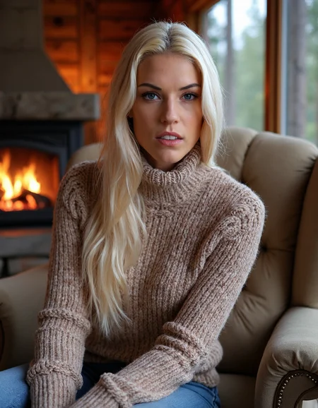 Subject: A blonde woman sitting on a plush, oversized armchair in a cozy, rustic cabin surrounded by towering trees and a crackling fireplace.
Lighting: Warm, golden light from the fire casting a cozy ambiance.
Camera Angle: Eye-level shot, looking straight at the woman's face as she gazes out at the viewer.
Composition Style: Leading lines of the chair and surrounding decor converge to her eyes.
Clothing: High-necked, long-sleeved sweater in soft, earthy tones with a chunky knit pattern.