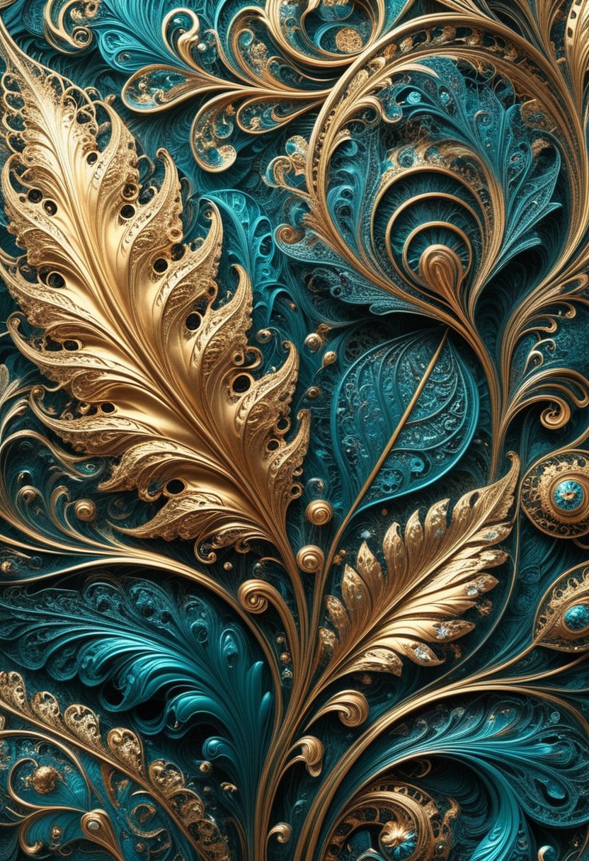 photo of a paisley pattern, boteh, paisley, teal blue, shining gold leaf, almond, entwined paislies, official art, aesthetic, dynamic angle, hyper detailed, order and chaos, vibrant colors, high contrast, (extremely detailed, intricate details, masterpiece, best quality, 8k wallpaper:1.4), dramatic lighting, (dark teal and gold palette:1.2), twisting paisley